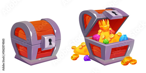 Locked and open wooden chest with metal frame, keyhole and golden treasure. Cartoon vector pirate adventure game container with precious loot - royal crown, scattered coins and colorful gemstones.