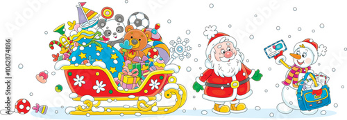 Funny toy snowman postman with letters from little children to Santa Claus preparing his sleigh with Christmas gifts for a magical journey, vector cartoon illustration on white