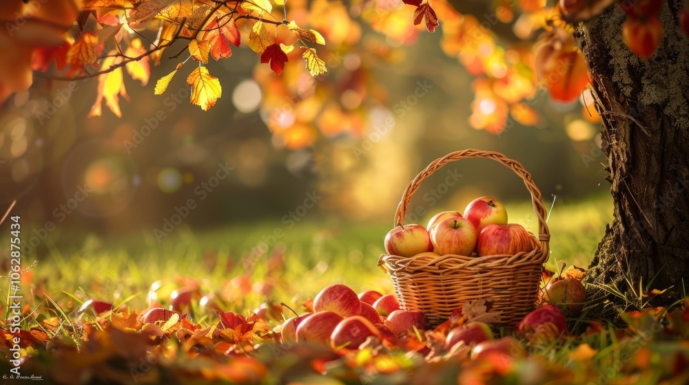 Tranquil copy space with a basket of ripe apples under a leafy tree, inviting viewers to savor the flavors of autumn Tranquil copy space with a basket of ripe apples under a leafy tree, inviting viewers to savor the flavors of autumn