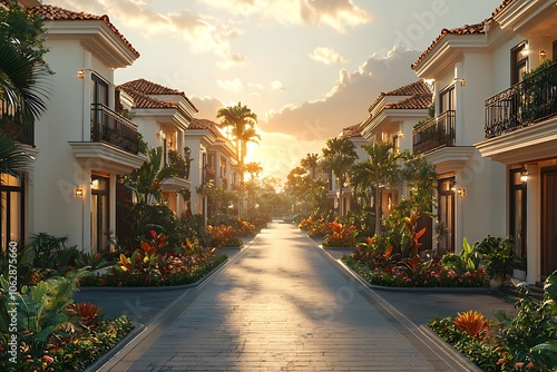 Stunning Sunset View Down a Tropical Street with Lush Greenery and Elegant Homes