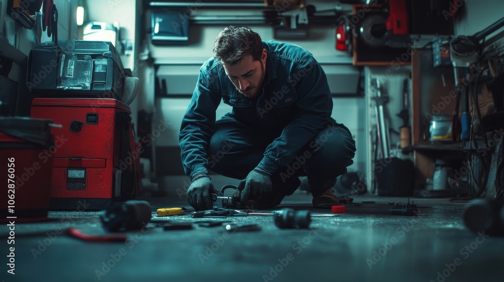 Technician inspecting a garage door with tools spread out on the floor, focused on fixing a malfunctioning mechanism. Technician inspecting a garage door with tools spread out on the floor, focused on fixing a malfunctioning mechanism.
