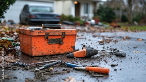 Wallpaper Mural Toolbox and parts scattered on the driveway, highlighting tools used for garage door maintenance and repair. Torontodigital.ca