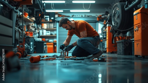 Technician inspecting a garage door with tools spread out on the floor, focused on fixing a malfunctioning mechanism.