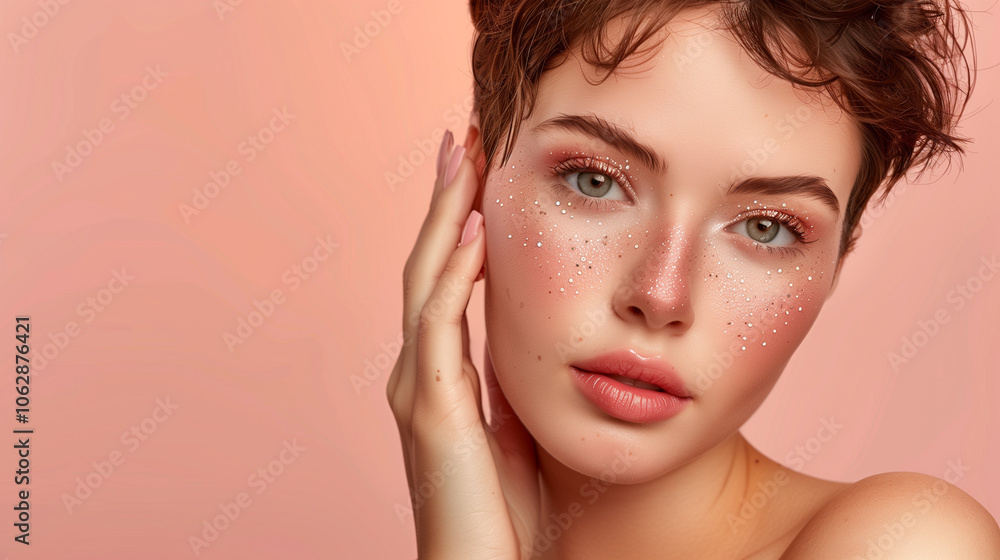 A woman with a green eye and a pink face with a lot of glitter makeup. Isolated on peach background A woman with a green eye and a pink face with a lot of glitter makeup. Isolated on peach background