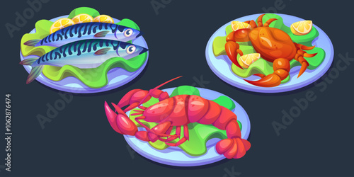 Lobster on plate. Seafood meal for dinner vector illustration. Cooked fish with lemon cartoon graphic. Mediterranean dish design for restaurant. Expensive chinese culinary. Delicious crustaceans