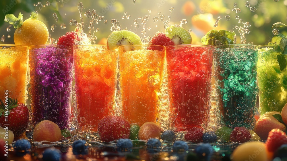 Vibrant scene of fresh fruits being squeezed into colorful glasses of juice, showcasing the burst of flavors and colors. Vibrant scene of fresh fruits being squeezed into colorful glasses of juice, showcasing the burst of flavors and colors.