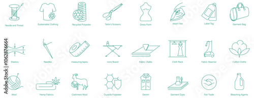 Needle and Thread, Sustainable Clothing, Recyclable Polyester, Tailor-Switched Scissors, Dressform, Steam Iron, Label Tag, Garment Bag, Elastics, Needles, Measuring Tapes, Iron Board vector icons