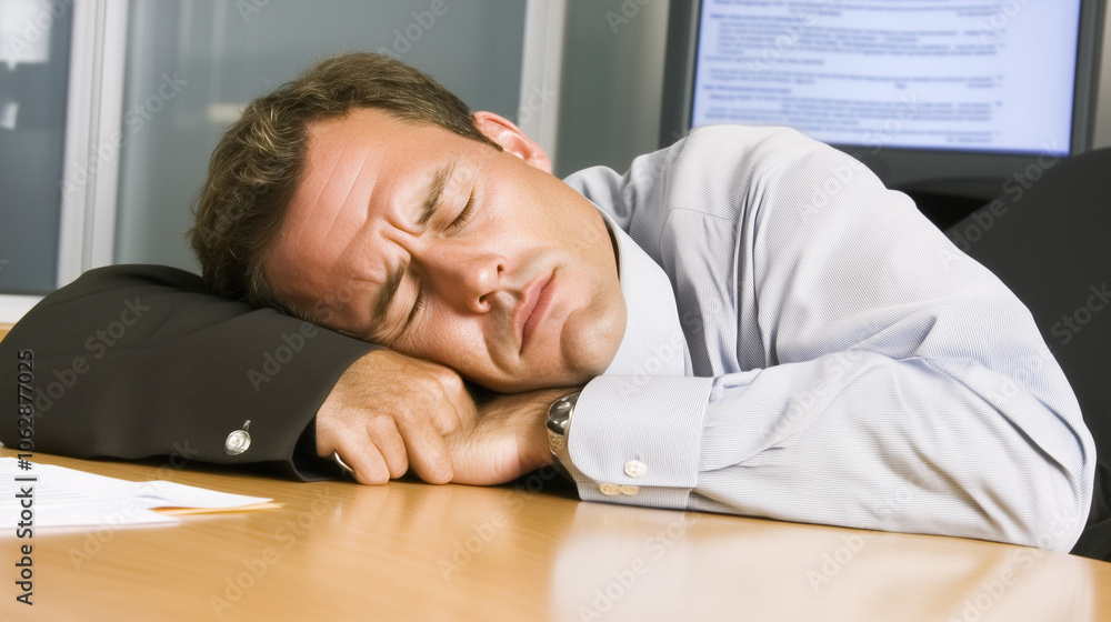 A Man Sitting at a Desk with His Head Tilted Back, Eyes Closed, and Mouth Slightly Open, Clearly Falling Asleep During a Busy Workday, Set Against a Simple Office Background Featuring a Blurred Comput A Man Sitting at a Desk with His Head Tilted Back, Eyes Closed, and Mouth Slightly Open, Clearly Falling Asleep During a Busy Workday, Set Against a Simple Office Background Featuring a Blurred Comput