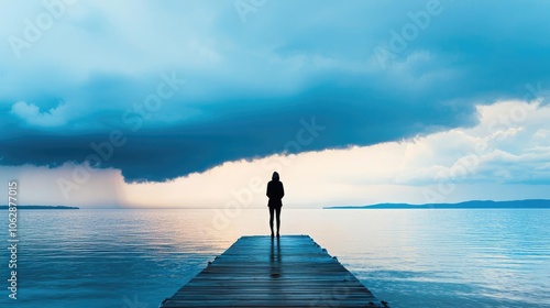 Silhouette of a person standing on a pier, gazing at an expansive tranquil water scene.