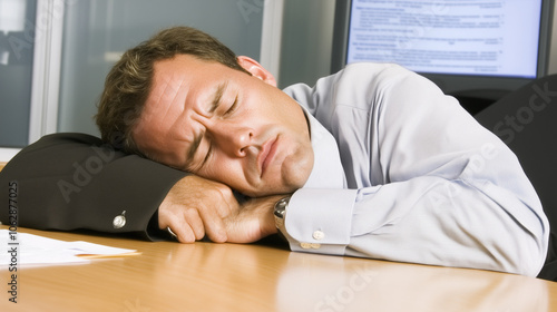A Man Sitting at a Desk with His Head Tilted Back, Eyes Closed, and Mouth Slightly Open, Clearly Falling Asleep During a Busy Workday, Set Against a Simple Office Background Featuring a Blurred Comput