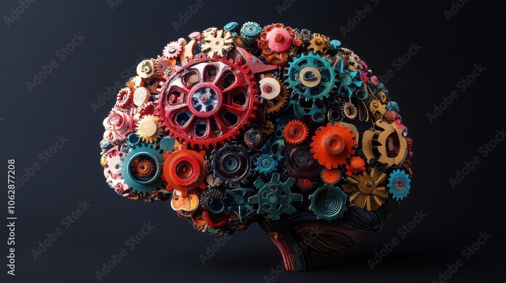 Visual representation of a brain filled with colorful gears and symbols, illustrating the process of generating and developing ideas. Visual representation of a brain filled with colorful gears and symbols, illustrating the process of generating and developing ideas.
