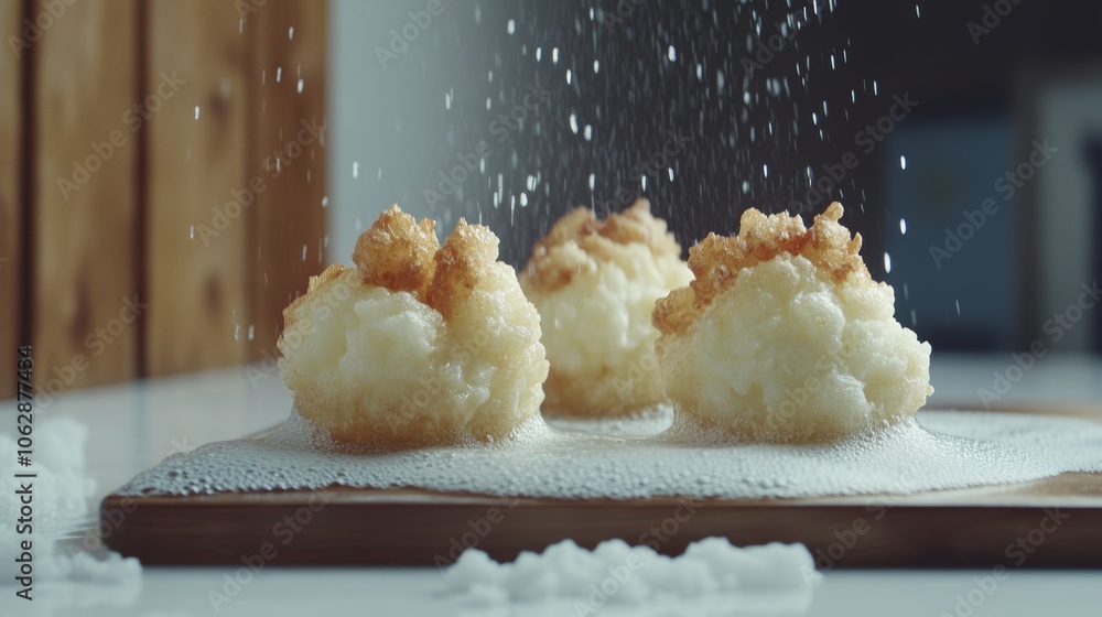 Crispy Fried Dough Balls with Sugar Drizzle on Wooden Board Crispy Fried Dough Balls with Sugar Drizzle on Wooden Board