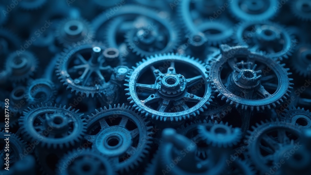 Intricate blue gears and cogs arrangement for industrial innovation theme Intricate blue gears and cogs arrangement for industrial innovation theme