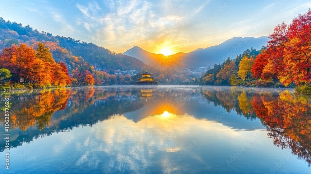 Obraz premium Golden Temple Reflections at Sunrise in Autumn Landscape