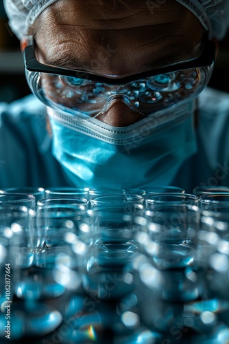 Scientist in protective suit conducting research on nanotechnology or viruses in a cleanroom lab