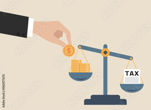 Businessman hand use coins. Scales imbalance with tax weight and cash money. 