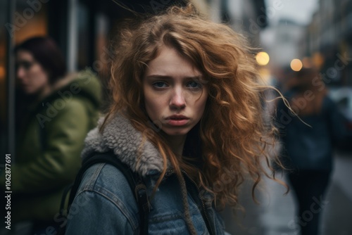 young beautiful hipster woman with red curly hair in the city street