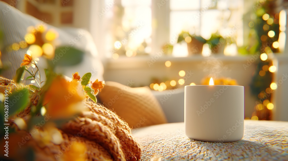 A cozy scene featuring a lit candle, vibrant flowers, and soft textiles, creating a warm and inviting atmosphere by a sunlit window. A cozy scene featuring a lit candle, vibrant flowers, and soft textiles, creating a warm and inviting atmosphere by a sunlit window.