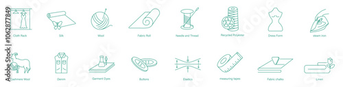 Ease Icon Set: Cloth Rack, Silk, Wool, Fabric Roll, Needle and Thread, Recyclable Polyester, Dress Form, Steam Iron, Cashmere Wool, Denim, Garment Dyes, Buttons, Elastics, Measuring Tapes, Iron Board,