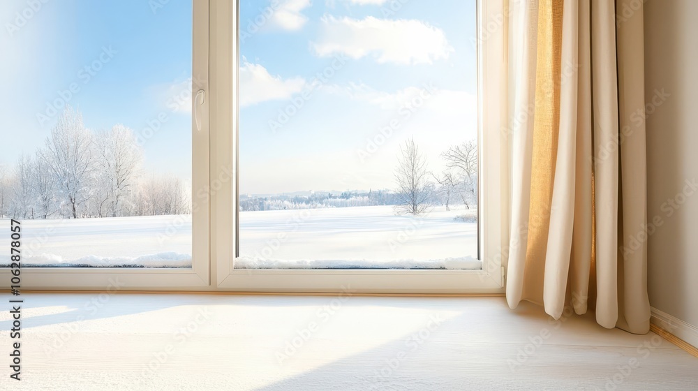 Fototapeta premium Sunlight streaming through a window onto snow-covered landscape.