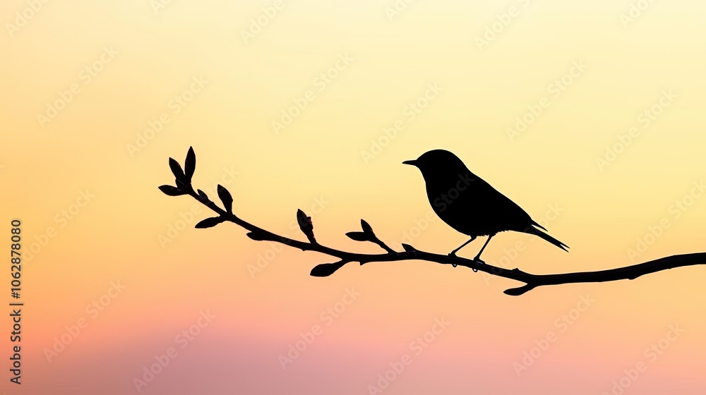 Silhouette of a bird perched on a branch against a colorful sunset background. Silhouette of a bird perched on a branch against a colorful sunset background.