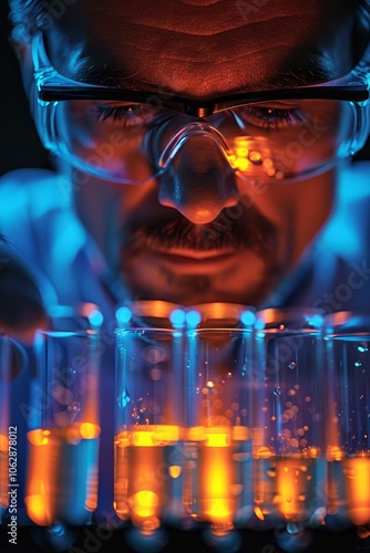 Scientist in cleanroom conducts research on nanotechnology and viruses in protective gear