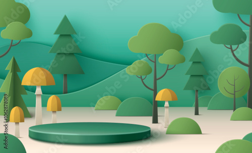 Summer garden green paper podium for eco product with leaf and tree. Ecology friendly environment mockup with nature landscape and platform for cosmetic promotion or presentation. Forest hill backdrop