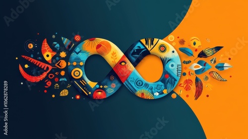 Visual representation of an infinity logo surrounded by diverse cultural symbols, celebrating unity and interconnectedness across communities. photo