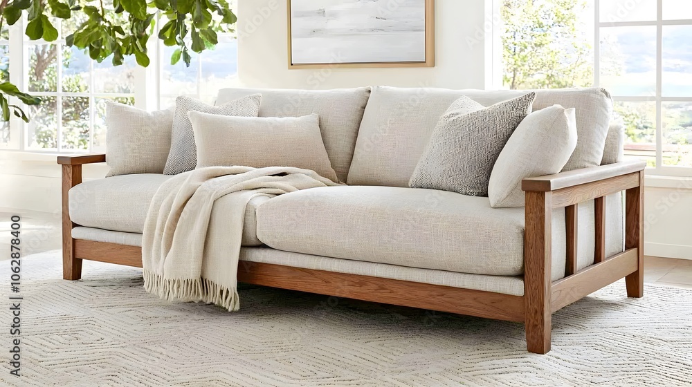 Fototapeta premium A cozy sofa with a wooden frame and soft cushions, adorned with decorative pillows and a blanket, set in a well-lit, inviting room.