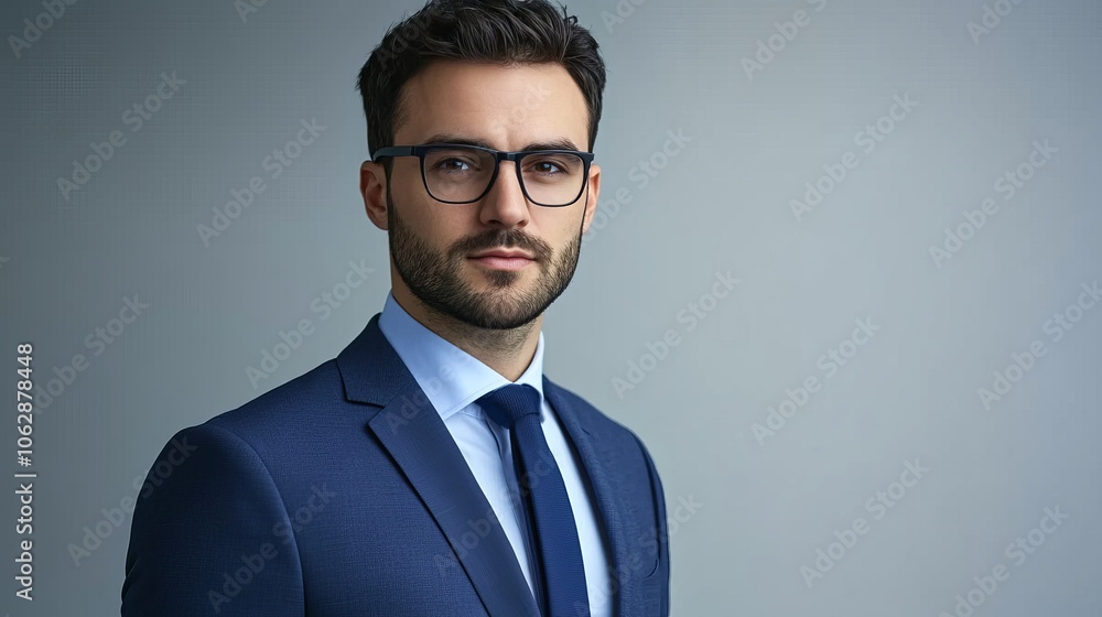 A confident man in formal attire, wearing glasses, poses against a neutral background. A confident man in formal attire, wearing glasses, poses against a neutral background.