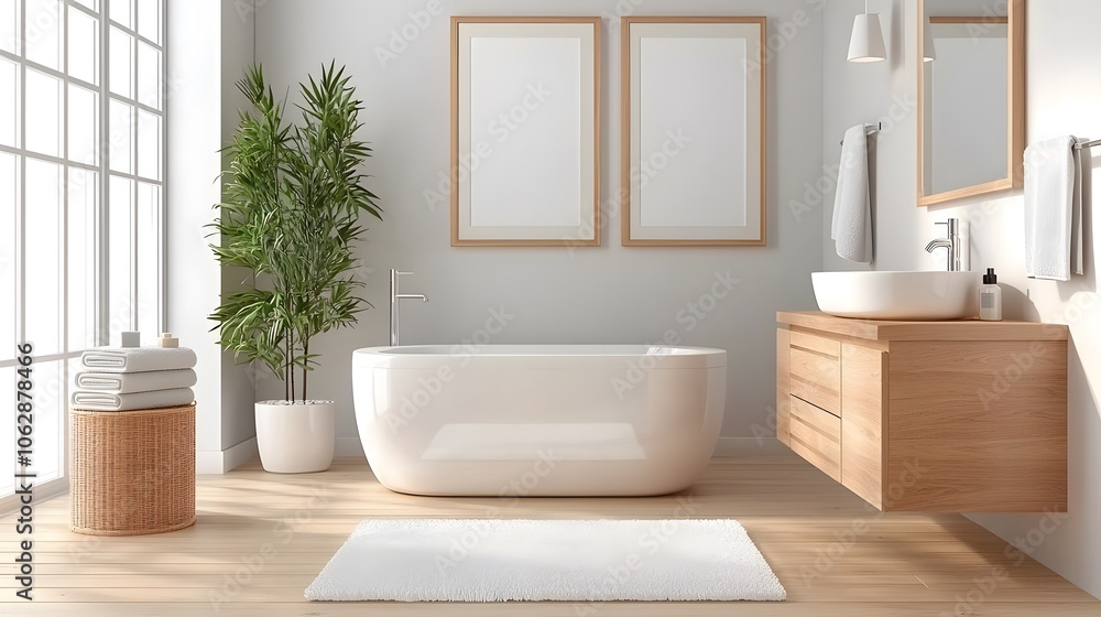 Fototapeta premium A modern bathroom featuring a freestanding tub, wooden vanity, stylish mirrors, and greenery, creating a serene and inviting space.