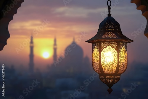 Ramadan Kareem greeting photo with serene mosque background with beautiful glowing lantern. 