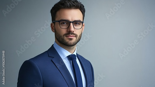 A confident man in formal attire, wearing glasses, poses against a neutral background.