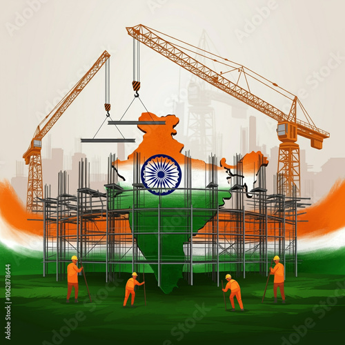 A vibrant illustration depicting construction work with the outline of India and the Indian flag's colors, symbolizing growth and progress on Republic Day photo