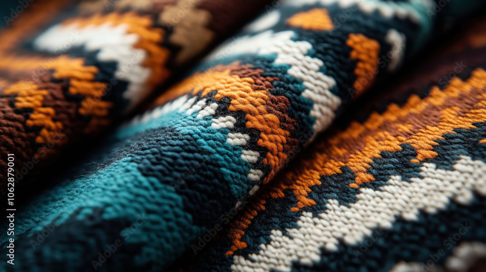 Close-up view of textile fabric with colorful geometric patterns in orange, blue, brown, and cream hues, showcasing intricate weaving detail and texture.