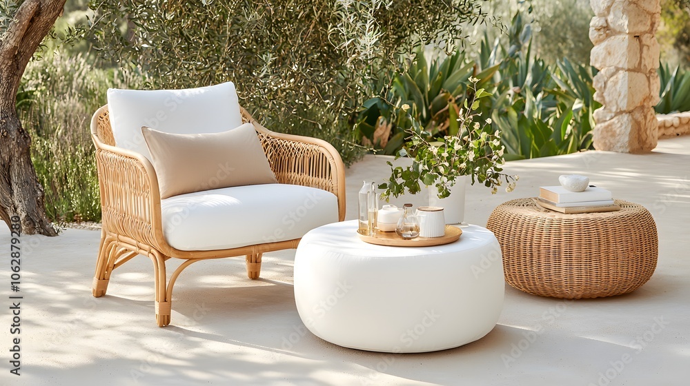 A serene outdoor seating area featuring a stylish rattan chair, plush cushions, and a unique coffee table, surrounded by lush greenery.