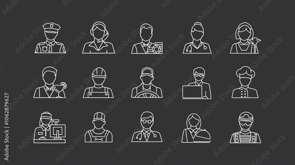 Work professions animation library. Service employees animated white line icons. Call operator, croupier. Isolated illustrations on dark background. Transition alpha. HD video. Icon pack Work professions animation library. Service employees animated white line icons. Call operator, croupier. Isolated illustrations on dark background. Transition alpha. HD video. Icon pack