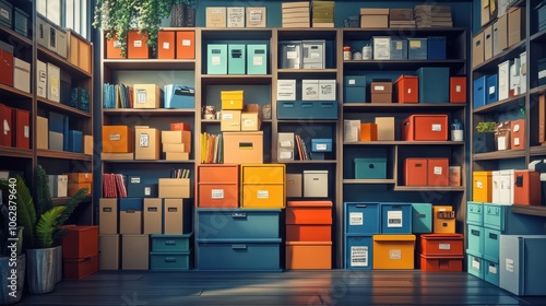 Whimsical representation of a stockroom filled with colorful boxes and labels, highlighting the importance of organization in inventory control.