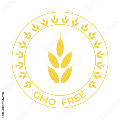 GMO free food label, yellow, dry, ripe wheat, isolated on white. Vector illustration , sign, symbol, premium stamp for natural, healthy, organic, bio, eco food.