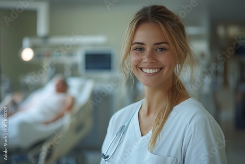 Nurse assisting patients in a state-of-the-art hospital, demonstrating compassion and professional care