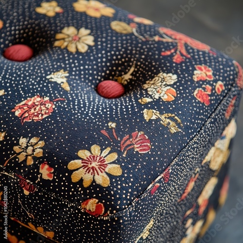 A close-up of a stylish ottoman made from upcycled fabric photo