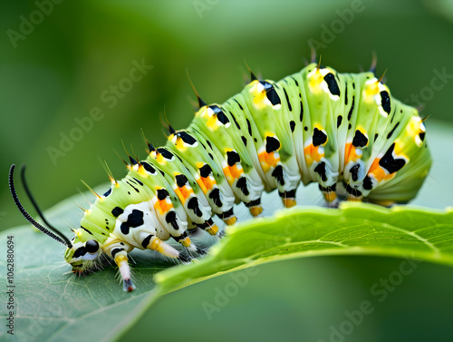 Bright green caterpillar with black stripes inching along a vibrant green leaf in the sunlight.