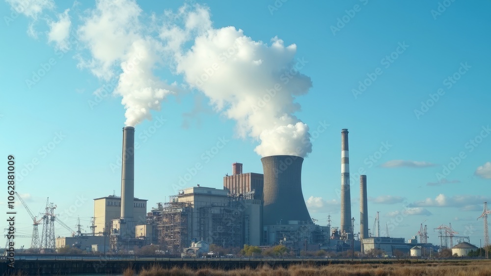 Industrial power plant emitting smoke against clear blue sky Industrial power plant emitting smoke against clear blue sky