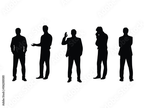 Silhouettes of Businessman character in different poses. Business man in formal suit standing front, back, rear, side view, pointing, thinking. Vector black illustrations on white background
