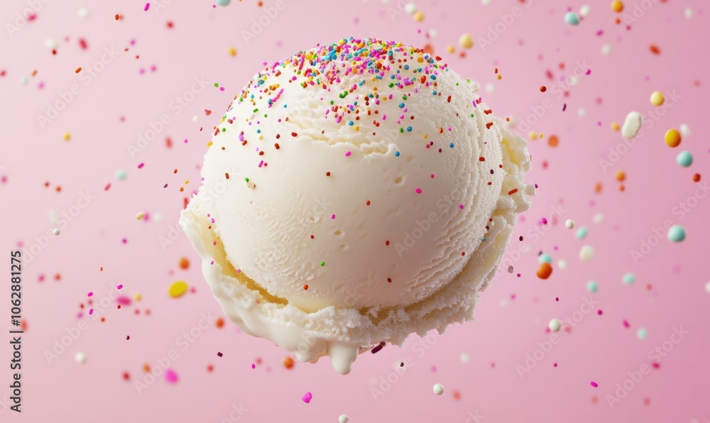 A close-up image of a scoop of vanilla ice cream with colorful sprinkles flying around it, set against a pastel pink background to enhance the playful A close-up image of a scoop of vanilla ice cream with colorful sprinkles flying around it, set against a pastel pink background to enhance the playful