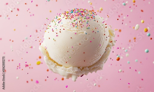 A close-up image of a scoop of vanilla ice cream with colorful sprinkles flying around it, set against a pastel pink background to enhance the playful