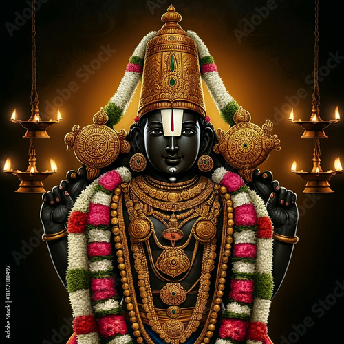 Illustration of Lord Venkateswara adorned with a sacred garland in a temple setting, symbolizing protection, blessings, and devotion in Hinduism photo