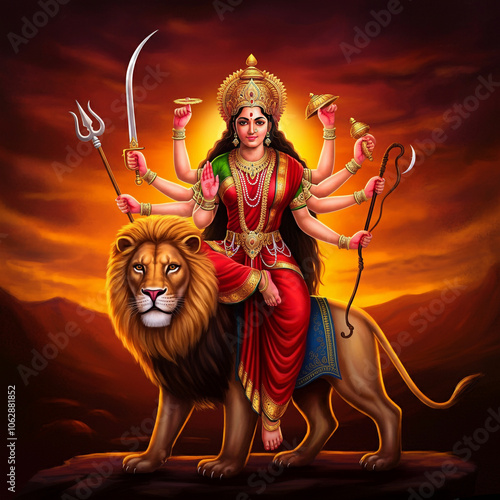 Illustration of Goddess Durga on a lion, surrounded by a divine aura, holding weapons that symbolize her courage, strength, and protection photo