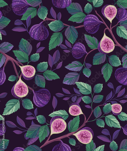 Seamless Botanical Pattern. Fig branches, ripe fig fruit. Plant pattern for wallpaper, textiles and any surface. 