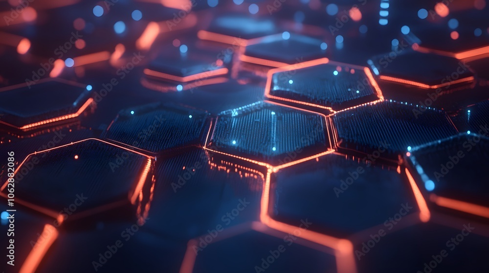 Glowing Hexagon Network: Futuristic Blue and Orange Abstract Digital Art. Intricate detail, vibrant colors. Glowing Hexagon Network: Futuristic Blue and Orange Abstract Digital Art. Intricate detail, vibrant colors.